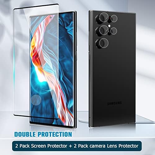 [2+2 pacote] Galaxy S22 Protetor de tela Ultra 5G, vidro temperado e temperado HD [9H dureza] [desbloqueio de impressão digital] [cobertura completa 3D] para o protetor de câmera de tela de vidro Ultra de Samsung Galaxy S22