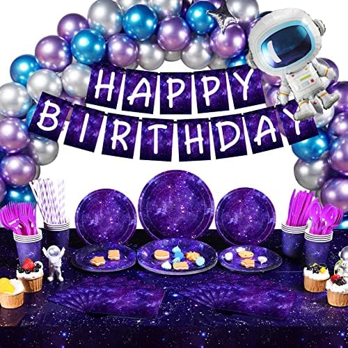 198 PCs espacial Galaxy Party Supplies Space Exterior Espaço Tema Birthday Party Decoração Galáxia Party Tabelware Definir Placas de papel Guardanapo Balões de parabéns Balões de Feliz Aniversário
