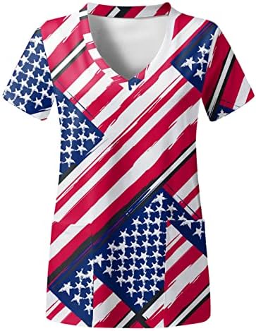 Blusa da bandeira americana para mulheres 4 de julho de verão Manga curta V Camiseta pescoço com 2 bolsos Bloups Holiday Casual Workwear