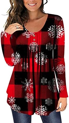Camisa de Natal Feia Moda Mulher O-Gobes Longa T-Sheirt Botão de Impressão de Autumn Tops de blusa solta Xmas_tops