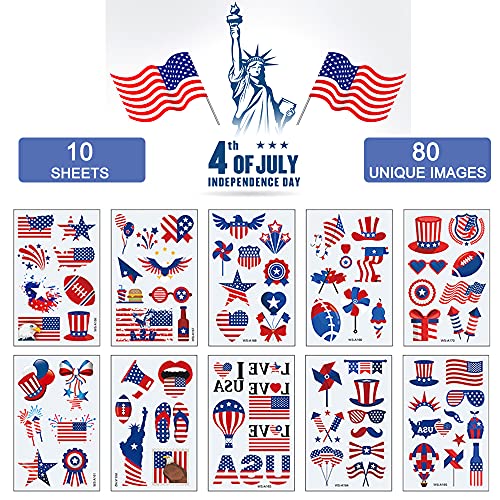 4 de julho Tatuagem temporária 80 Imagens únicas Independência Tatuagem de tatuagem, American Flag Eagles Hat Hat Balloons Tattoos Body Face Art Sticker