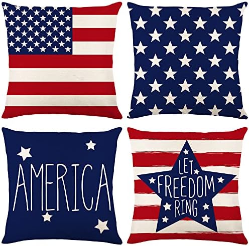 Gaonini 4 de julho Decorações Capas de travesseiros 18x18 Conjunto de 4, Independence Day Memorial Day Patriótico Capas de travesseiros ao ar livre, estrelas da bandeira americana e listras