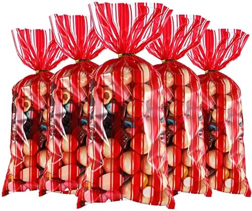 100 peças Plástico Circus Carnival Sacos de tratamento de festas vermelhas e brancas estamadas estampadas clear
