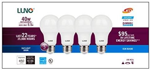 LUNO A19 Bulbo LED diminuído, 5,5W, 450 lúmens, 2700k, base média, UL e estrela de energia