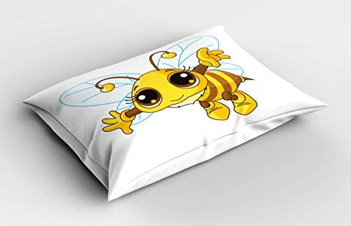 Almofada de abelha de mel lunarável, inseto com os olhos e esboços de desenho animado, travesseiro impresso de tamanho padrão decorativo, 26 x 20, gengibre de mostarda