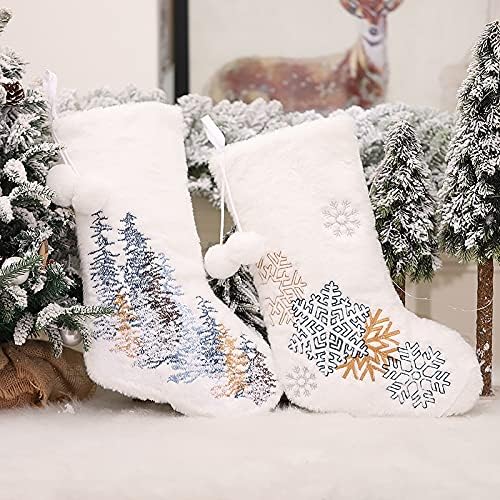 Meias de Natal brancas de aetygh 2 pacote, bordados de meias de Natal de floco de neve bordadas sacos de presentes