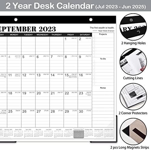 2023-2025 Calendário de mesa - calendário mensal de 24 meses 2023-2025, jul. 2023 - junho de 2025, calendário de mesa/parede/parede/geladeira magnética 2023-2025, quadrado 10 x 10, protetores de canto, buraco de suspensão, linhas de corte - clássicas - clássico Projeto