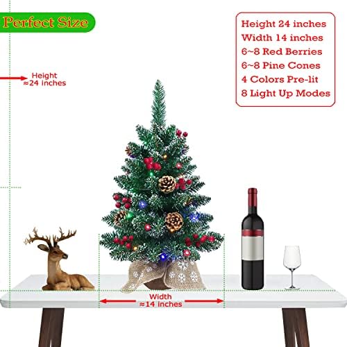 Pequena árvore de Natal Prelit 24 polegadas Mini árvore de Natal para decoração de desktop - Árvore de Natal de luxo com luz | 4 cores e 8 modos Luz de cordas | Base de madeira e saco de pano de imagem embrulhado