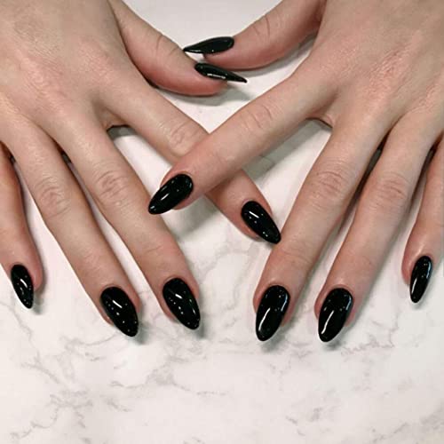 Kithue 24 PCs Almond preto brilhante prenda em unhas curtas estiletto unhas falsas unhas falsas para mulheres