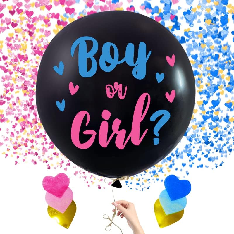 5pc Premium jumbo 36 polegadas Baby Gênero Revelar Kit de balão | Balões pretos grandes com confetes rosa e azul do coração | Pacote de suprimentos para festas de chá de bebê, gênero revelam decorações para menino ou menina