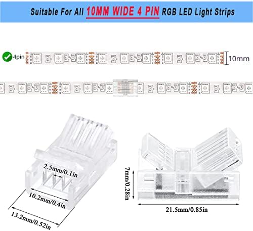 Conectores de faixa de luz LED RGB de 20 pacote, 4 pinos 10mm, 2 conectores de adaptadores de LED à