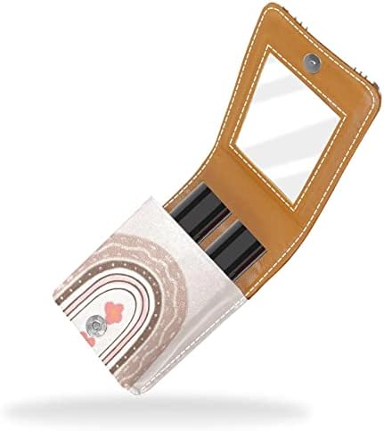 Bolsa de batom de batom de maquiagem de oryuekan com espelho portátil de armazenamento de batom portátil Organizador de armazenamento de brilho labial, arco -íris abstrato marrom linhas modernas