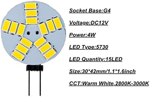G4 Bulbo LED G4 Base bi-pino Base de 4 watts Bulbo LED DC 12V, 4W, para iluminação de discoteca com teto de paisagem, não-minimizível, branco quente 3000k, 15led 5730smd, 10 pacote