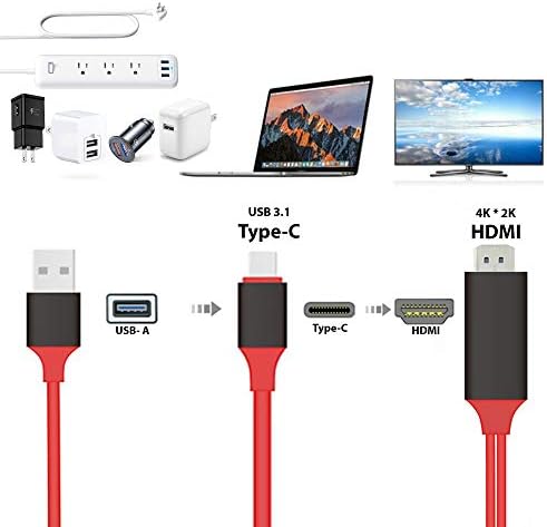 Pro USB-C HDMI compatível com o Samsung Galaxy S10/S10E/S10+/S10 Plus/10 5g/Lite a 4K com porta de alimentação, cabo de 6 pés no total 2160p@60Hz, 6ft/2m Cable [Red/Thunderbolt 3 Compatible]
