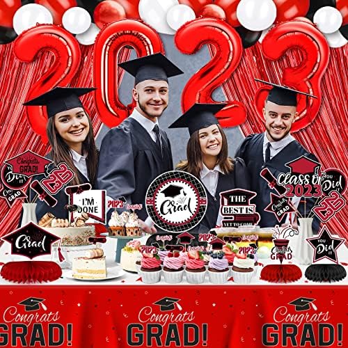 V-Opitos 2023 Decorações de festa de graduação, kit de decorações de formatura preto e vermelho incluem balões e decoração de mesa, suprimentos de festa de pós-graduação para parabéns para o ensino médio/faculdade