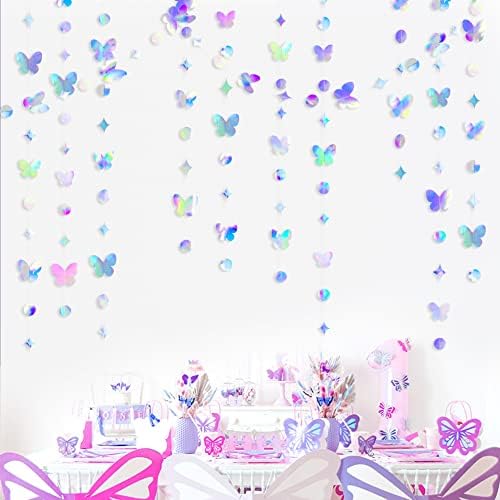 Pinkblume Iridescente Butterfly Garland Papel holográfico para pendurar Dot Star Butterflies Frexer Banner para Primavera Primavera Noivado
