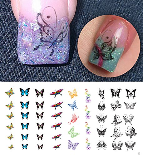 Decalques de unhas da borboleta Vários Decalques de arte de lesão de água - Qualidade do salão 5,5 x 3 Folha!