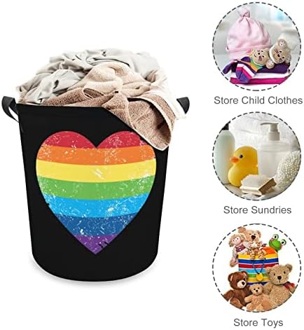 Direitos dos gays Rainbow Retro Heart Flag Impresso Cestas de roupas com alças Rouno de roupas redondas