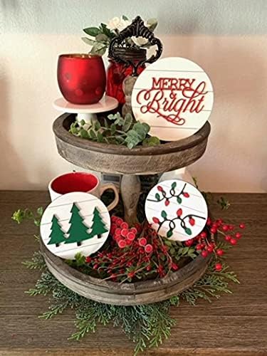 Feliz e brilhante, luzes de natal, árvore de Natal Mini Sinais, decoração de natal, bandeja de camada, casa de fazenda, bandeja em camadas de Natal, decoração de casa