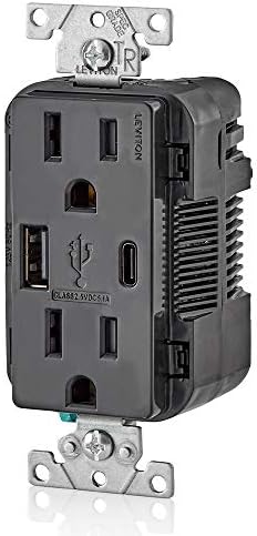 Leviton T5633-E 15-AMP Tipo A e Tipo CArlagem USB/Saída resistente a adulteração, não para laptops, preto e 80401-E Tamanho padrão Termosset Dispositivo Montagem de 1 gang Decora/GFCI Decora plataforma, preto