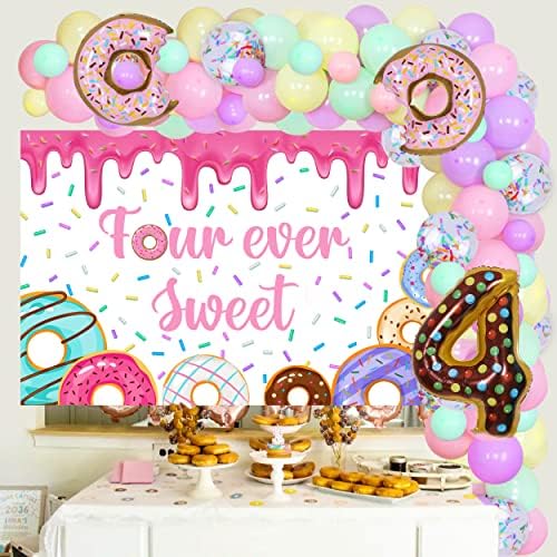 Donut Decorações de festa de 4º aniversário, quatro decorações de aniversário sempre doces - kit de guirlanda de balão de macaron com balões de foil de rosca, cenário de donut de 5 x 3 pés, balão de papel alumínio número 4