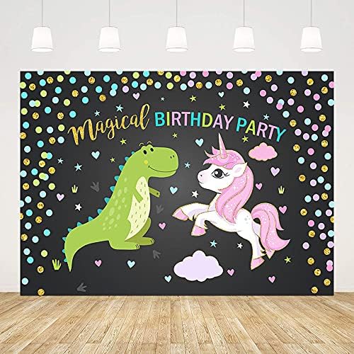 Mehofond Magical Birthday Birthday Party Decoration Little Dinosaur e Unicorn Feliz Aniversário Green e Rosa Bancada de Antecedentes da Tabel