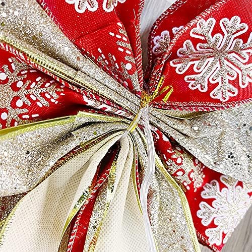 Lulu Home Christmas Tree Tree Topper, 48 x 13 flocos brilhantes laço grande com serpentinas longas, arco decorativo de borda com fio para festivais de festas de férias de porta de grinaldas suprimentos de decoração de natal, vermelho e champanhe
