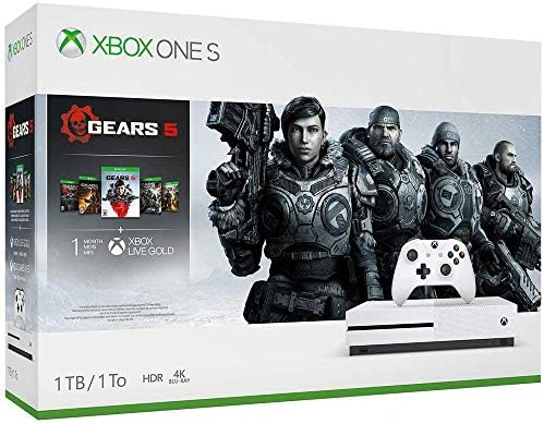 Console Microsoft Xbox One S 1 TB com pacote de Gears of War 5 com controlador sem fio Xbox, associação de ouro de 3 meses ao vivo, gargalhadas de joystick de DECO Gear Joystick, suporte vertical 3 em 1 e cabo HDMI