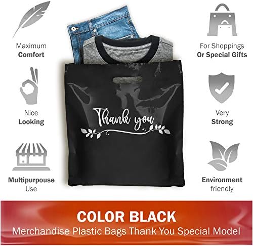 Black Thank You Merchandise Sacos de compras de plástico - 100 pacote 20 x 20 com 2 mil de espessura de sacolas de varejo extras - alças cortadas - perfeitas para pacotes grandes, brinquedos infantis - cor preta - reciclável