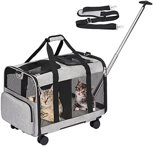 Portador de animais de estimação de cabine dupla com rodas removíveis para gatos pequenos e médios, filhotes,