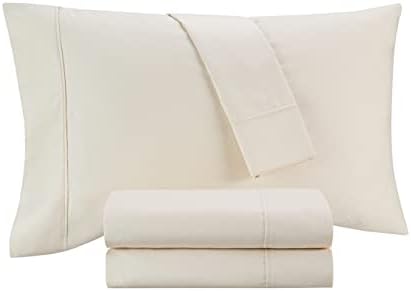 Lençóis de cama sólidos de algodão Waverly Conjunto de cama e travesseiros, rainha, marfim, 4 peças