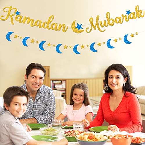 Kitticcino Ramadan Mubarak Banner Feliz Ramadã Decorações de festa, celebração festiva do Ramadã, Eid Party Supplies Gold Blue Glitter
