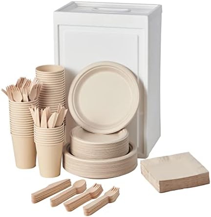 Conjunto de placas de papel 350pcs - Placas de jantar descartáveis ​​biodegradáveis ​​Forks de madeira
