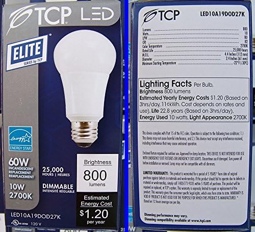 TCP Dimmable 10W 2700K A19 LED Bulbo, adequado para acessórios totalmente fechados