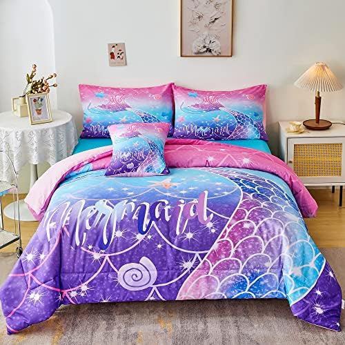 Conjunto de edredom de sereia Rynghipy 6pcs, cama infantil Gilrs em uma bolsa de tamanho duplo, conjunto de roupas de cama para adolescentes com estampa de sereia, coleções de cama de arco -íris