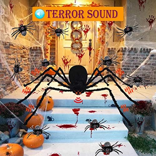 Crrxin Halloween Decorações gigantes -aranha 4,1 pés com teia de aranha, olhos vermelhos assustadores