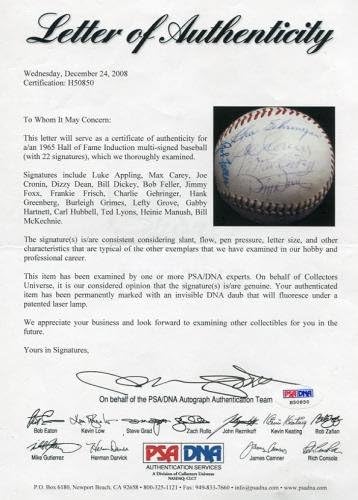 1965 Indução HOF assinada por 22 beisebol PSA/DNA com Jimmie Foxx & Hank Greenberg - Bolalls autografados