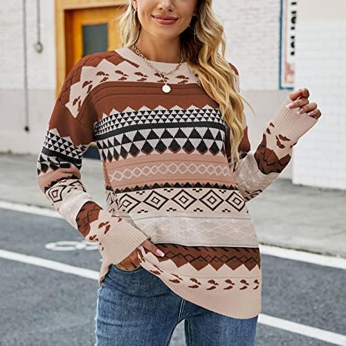 Mulheres checaram o suéter vintage Casual Crewneck Pullover Jumper Tops Argyle Striped Ethnic