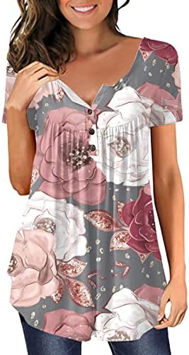Túdos de túnica de padrão retrô para mulheres barriga de barriga solta escondendo camisetas de verão Button de manga curta casual