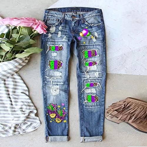 Patch de girassol feminino Cintura alta rasgada angustiada jeans skinny jeans Impressão floral destruída