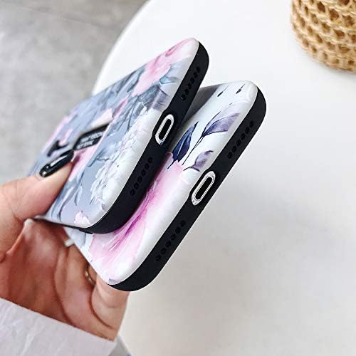 iPhone xs max capa garra dedo, 3D Flores rosa em relevo design de concha cinza, capa de alça de alça de anel de dedo duplo à prova de choque, capa de telefone de suporte invisível