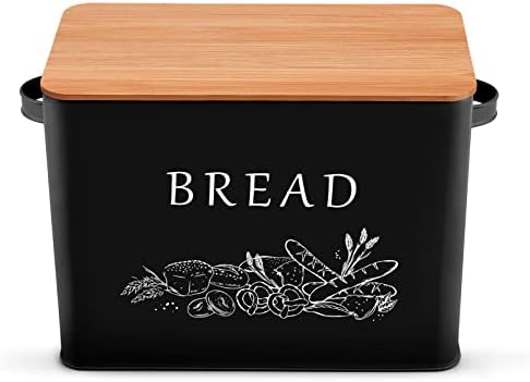 Caixa de pão preto de chef P&P para balcão de cozinha, lixo de armazenamento de pão de metal com tampa de corte de bambu, grande capacidade para manter 2+ pães, estilo moderno retro, tamanho 13 ”x 7,2” x 9,7 ”