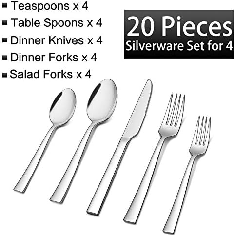 Homikit de 24 peças Aço inoxidável Conjunto de utensílios de cozinha e serviço de talheres para 4, 4 peças Placas de jantar de 8 polegadas com 20 peças Falhe de talheres quadrados Forks Facas