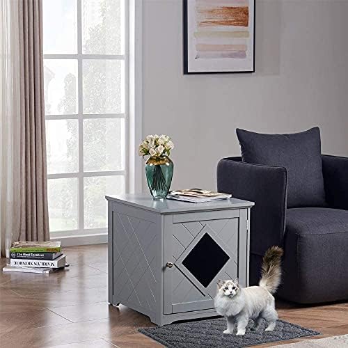 Gabinete da caixa de areia de gato unipaws com tapete, banheiro de gato de privacidade, caixa de areia escondida, caixote de animais de estimação com estrutura de madeira robusta, mesa de cabeceira de gato