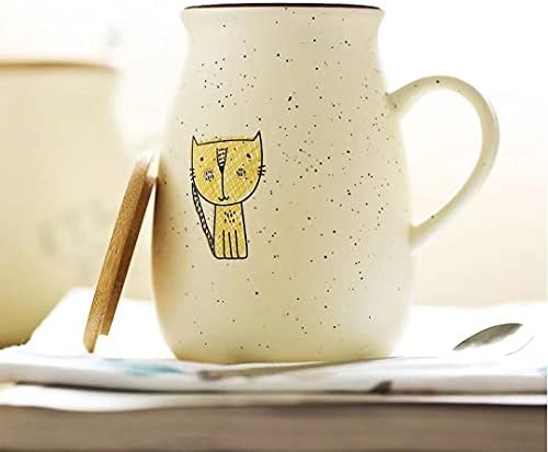 Cofra de café de caneca de cerâmica de gato fofa com tampa e colher, usada para chá de folhas soltas,
