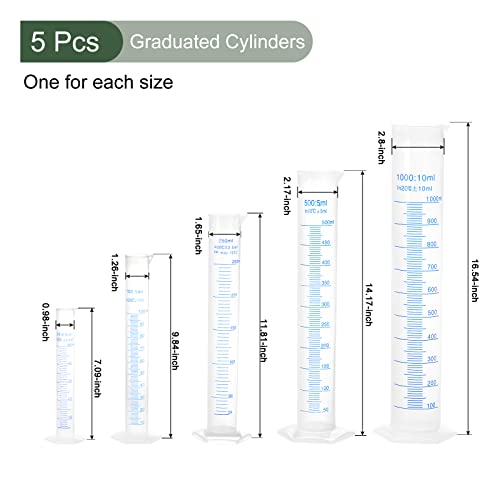 Yokive 5 em 1 conjunto medindo cilindros graduados, tubo de cilindro de plástico com escalas métricas de 2 lados | para medição química, ótimo para laboratório