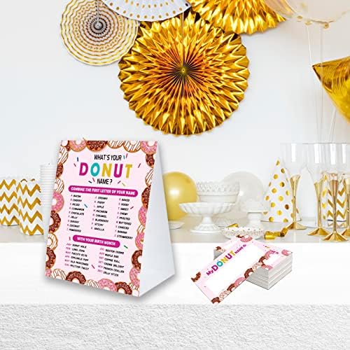 Qual é o seu nome de donut, sinal de jogo com adesivos de etiqueta para chá de bebê, decorações do chá de bebê,