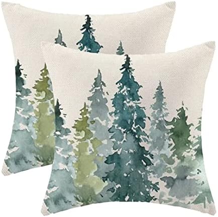 Capas de travesseiros de árvore verde -de -aquarela escura 18x18 Conjunto de 2, travesseiro de arremesso de Natal com tema da natureza tampas de travesseiro de floresta rústica Pounhores da floresta para sala de estar em casa ao ar livre