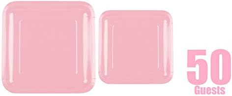 Oojami 100 contagem quadrada placas de papel rosa claro 50 ~ 9 Placas de papel de jantar 50 ~ 7 Placas de papel de sobremesas