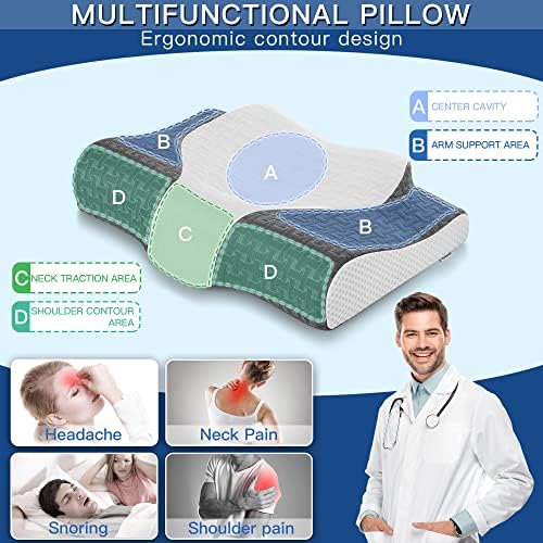 Almofado de espuma de memória cervical Elviros, travesseiros de contorno para pescoço, travesseiro de cama ergonômica ajustável para o lado, costas e dormentes de estômago